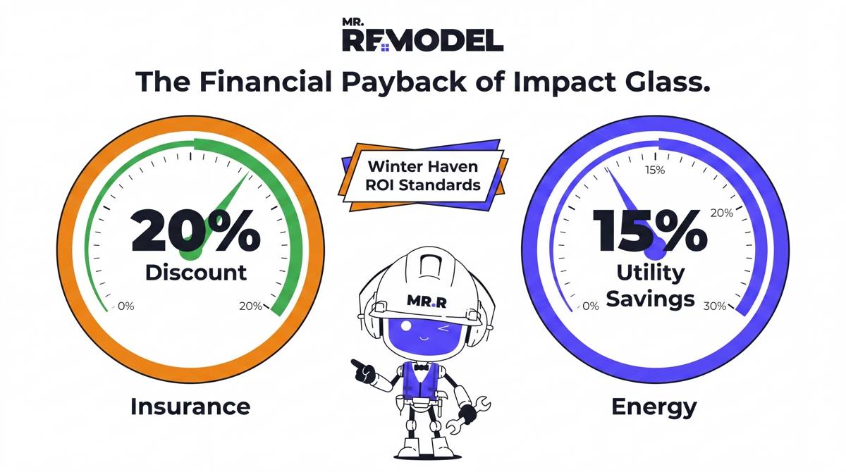 A visual representation of the dual financial benefits of impact windows, illustrating typical insurance discounts and energy savings in Florida.